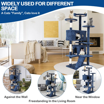 54-Inch Cat Tree Tower for Large Cats with Scratching Post and Play Features, Navy Blue