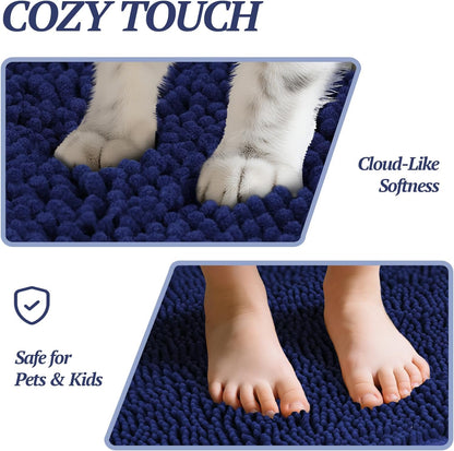 Dog Door Mat for Muddy Paws – Ultra Absorbent Waterproof Chenille Pet Rug with Non-Slip Backing, Washable Dirt Trapper Entryway Floor Mat, 31” x 20”, Navy Blue