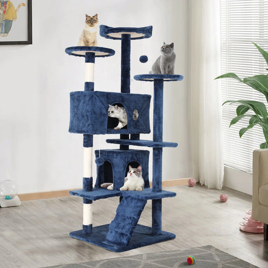 54-Inch Cat Tree Tower for Large Cats with Scratching Post and Play Features, Navy Blue