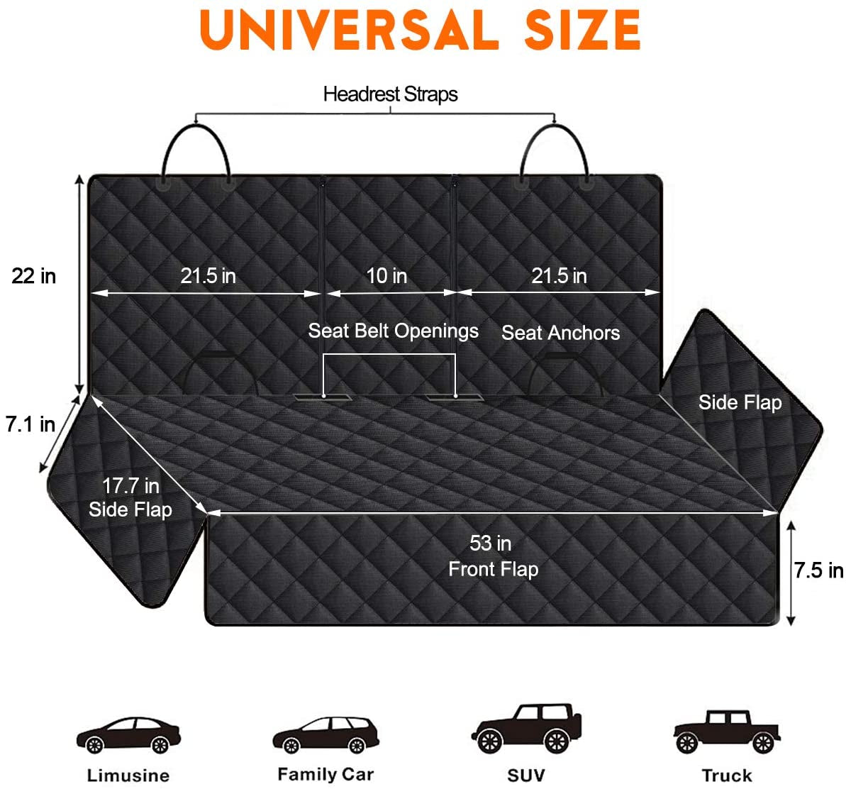Waterproof Dog Car Seat Cover for Back Seat – Non-Slip Pet Bench Seat Protector with Seat Belts & Armrest Access for Cars, Trucks & SUVs, Black