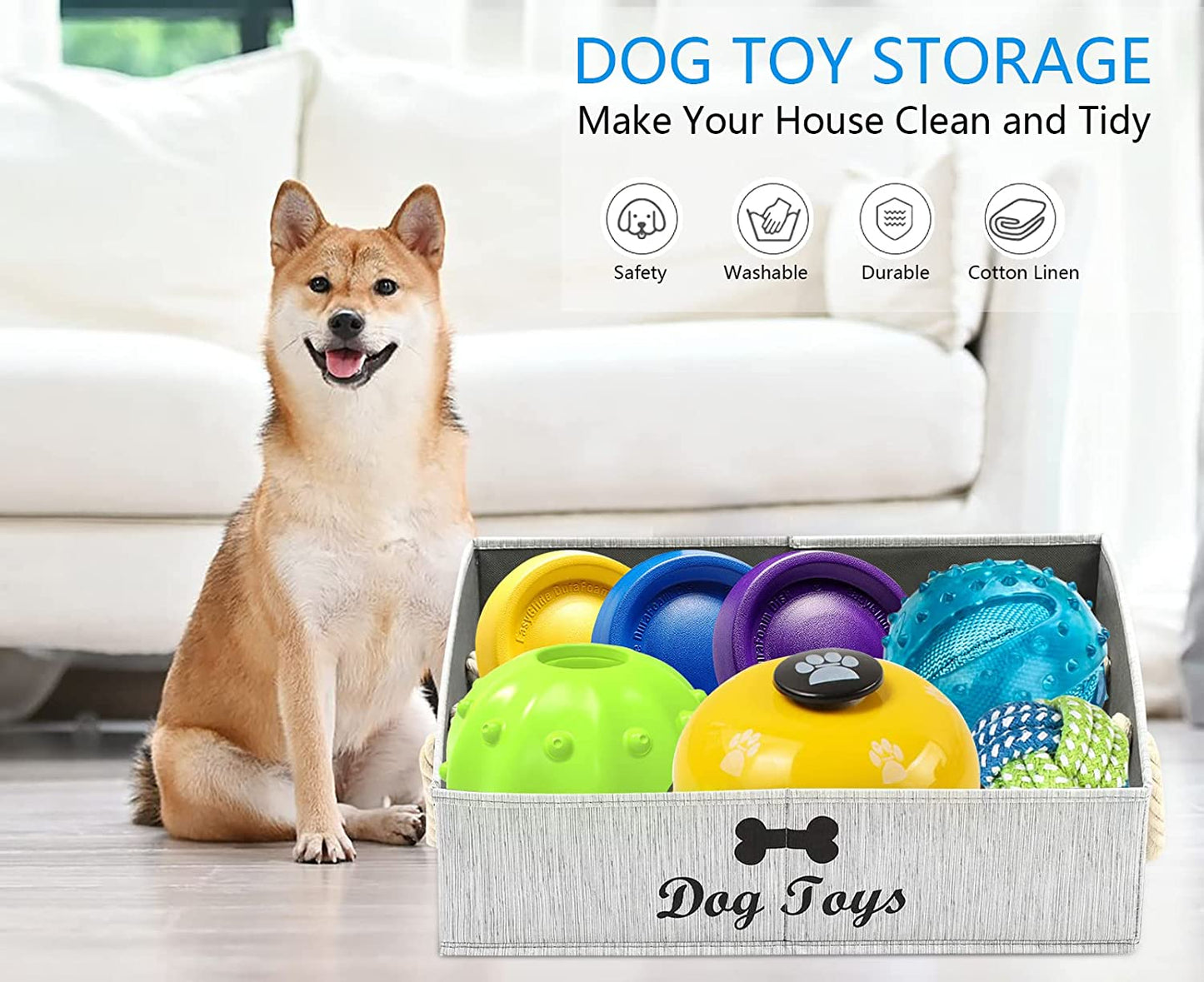 Large Dog Toy Storage Basket with Handles – Grey Canvas Pet Toy Bin Organizer for Living Room, Closet & Playroom, Waterproof Puppy Toy Box