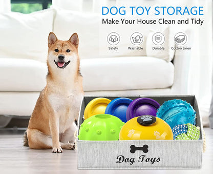 Large Dog Toy Storage Basket with Handles – Grey Canvas Pet Toy Bin Organizer for Living Room, Closet & Playroom, Waterproof Puppy Toy Box