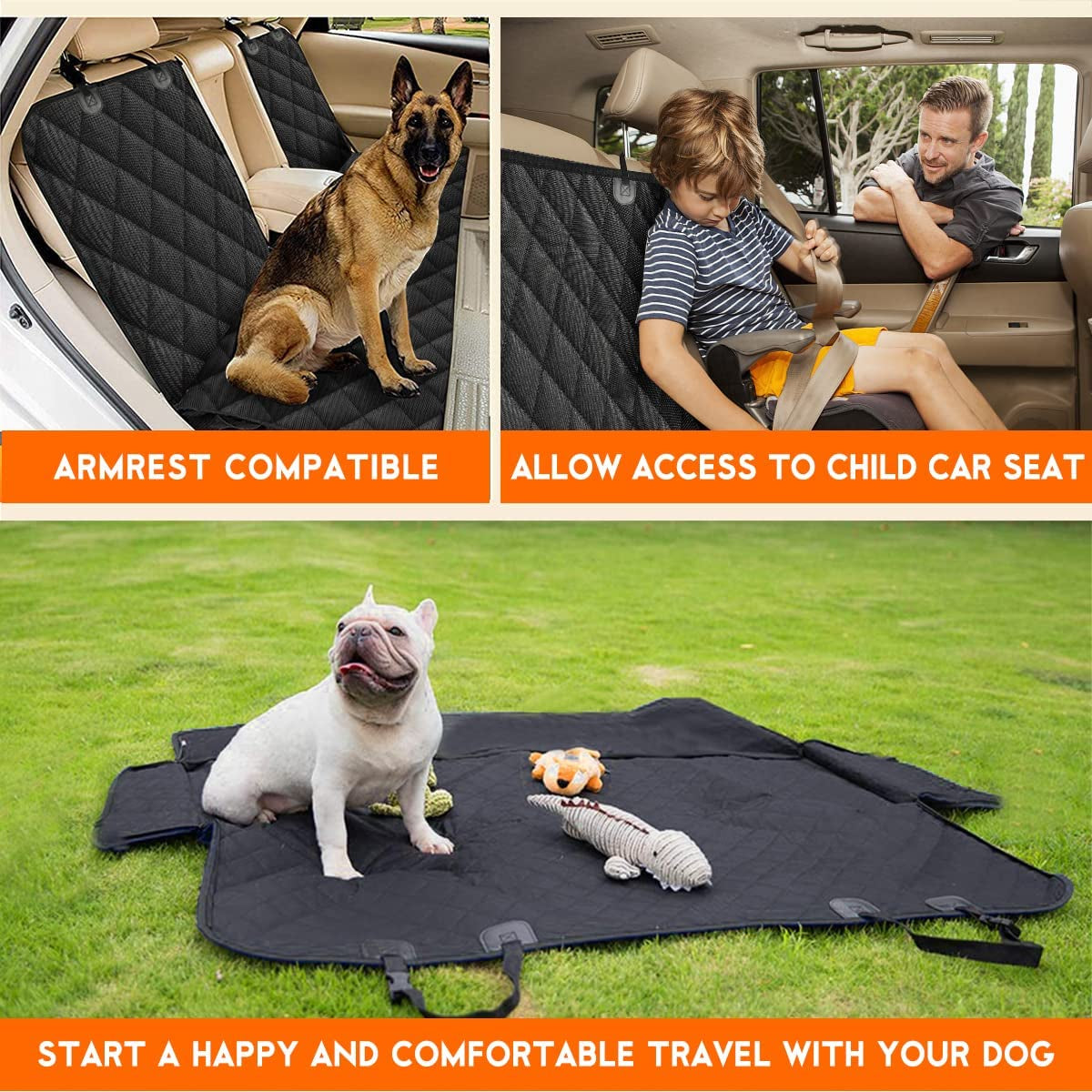 Waterproof Dog Car Seat Cover for Back Seat – Non-Slip Pet Bench Seat Protector with Seat Belts & Armrest Access for Cars, Trucks & SUVs, Black