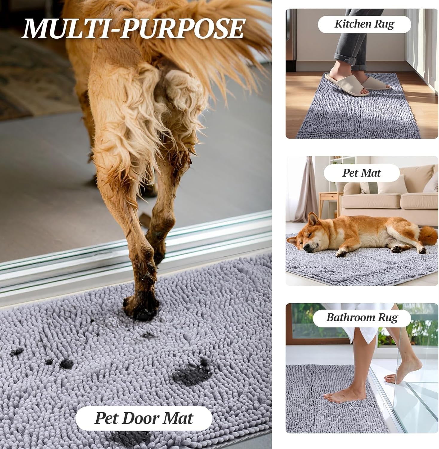 Dog Door Mat for Muddy Paws – Ultra Absorbent Waterproof Chenille Pet Rug with Non-Slip Backing, Washable Dirt Trapper Entryway Floor Mat, 31” x 20”, Navy Blue
