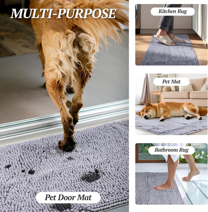 Dog Door Mat for Muddy Paws – Ultra Absorbent Waterproof Chenille Pet Rug with Non-Slip Backing, Washable Dirt Trapper Entryway Floor Mat, 31” x 20”, Navy Blue