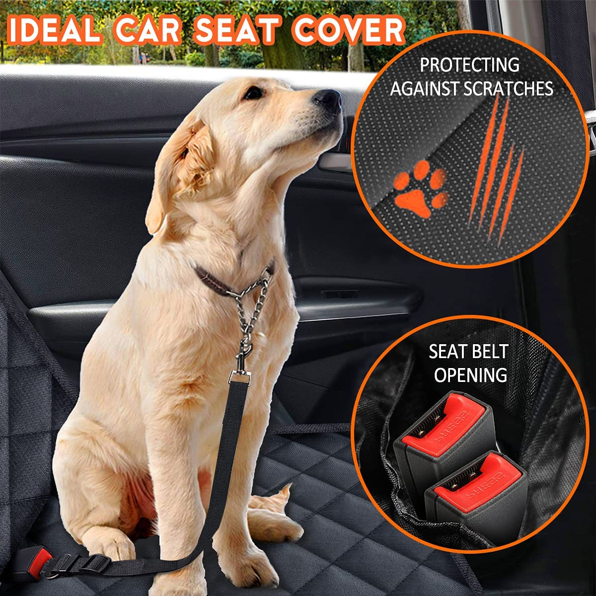 Waterproof Dog Car Seat Cover for Back Seat – Non-Slip Pet Bench Seat Protector with Seat Belts & Armrest Access for Cars, Trucks & SUVs, Black