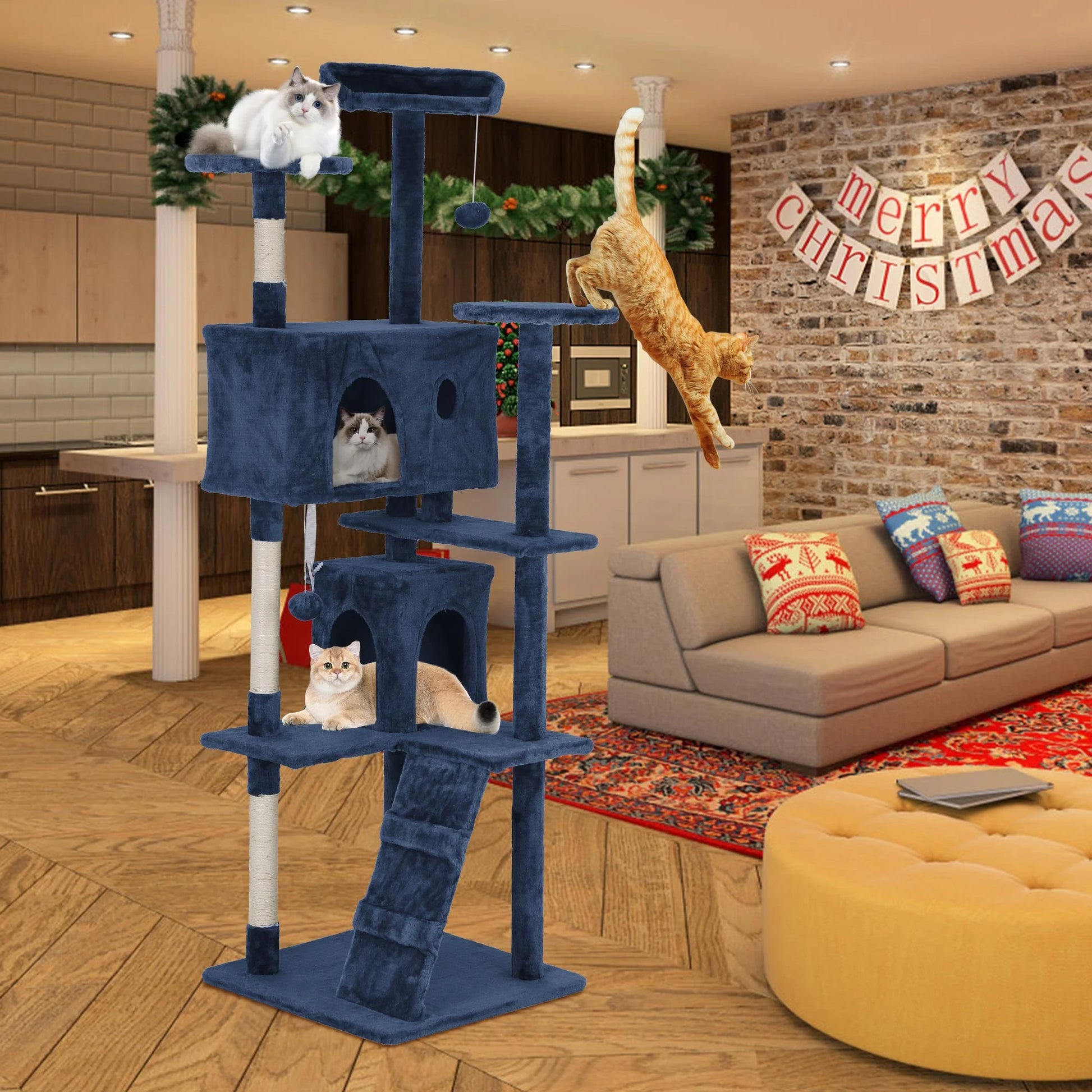 54-Inch Cat Tree Tower for Large Cats with Scratching Post and Play Features, Navy Blue