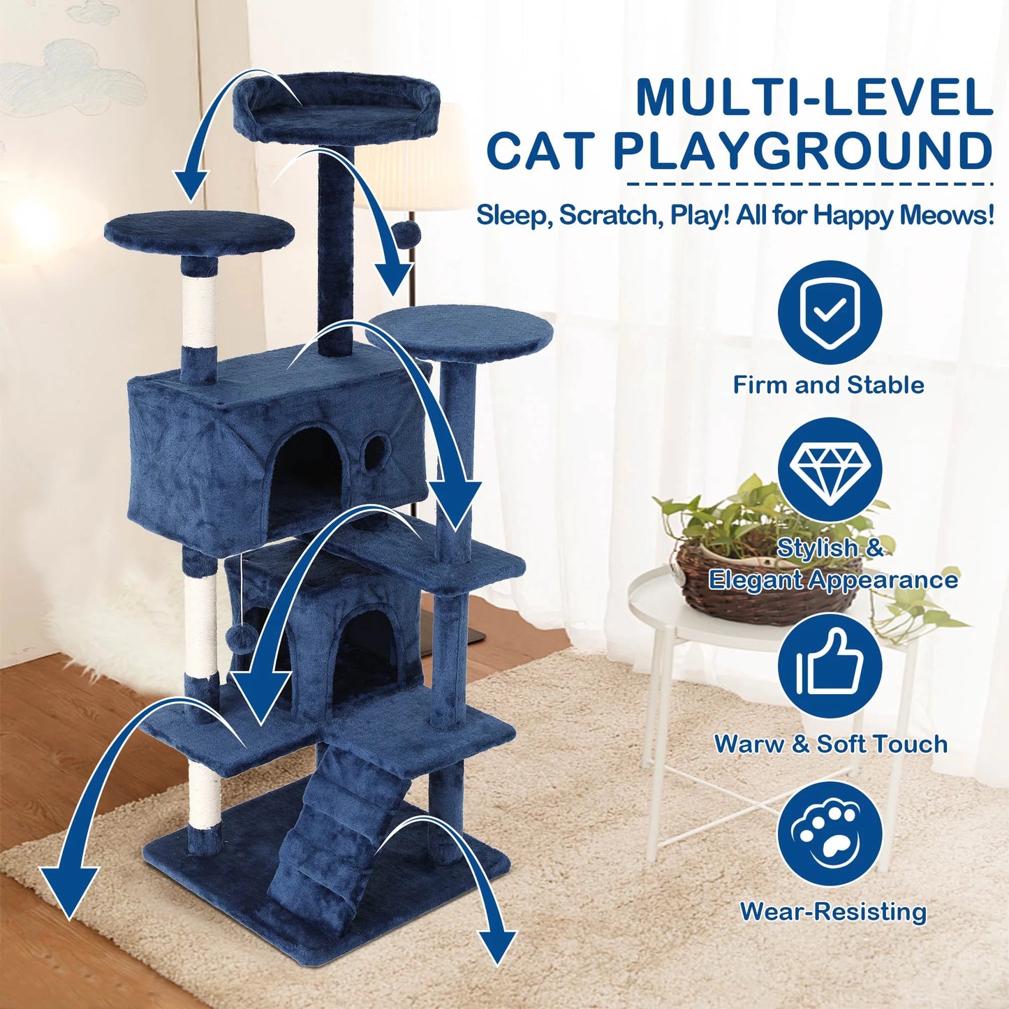54-Inch Cat Tree Tower for Large Cats with Scratching Post and Play Features, Navy Blue