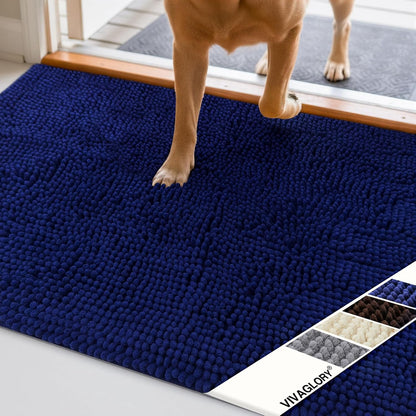 Dog Door Mat for Muddy Paws – Ultra Absorbent Waterproof Chenille Pet Rug with Non-Slip Backing, Washable Dirt Trapper Entryway Floor Mat, 31” x 20”, Navy Blue