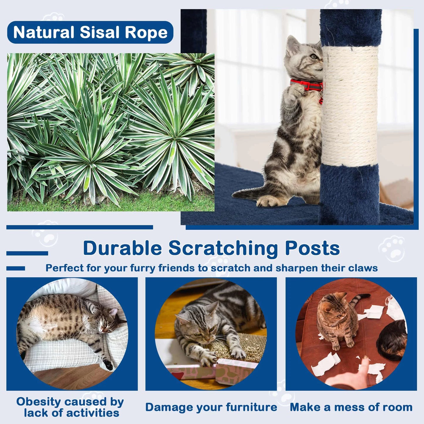 54-Inch Cat Tree Tower for Large Cats with Scratching Post and Play Features, Navy Blue
