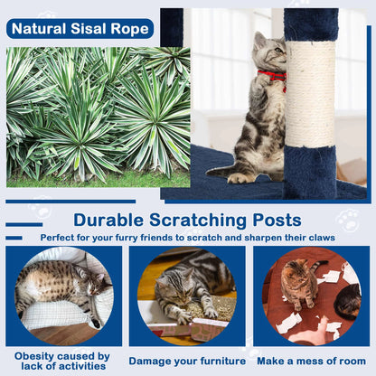 54-Inch Cat Tree Tower for Large Cats with Scratching Post and Play Features, Navy Blue