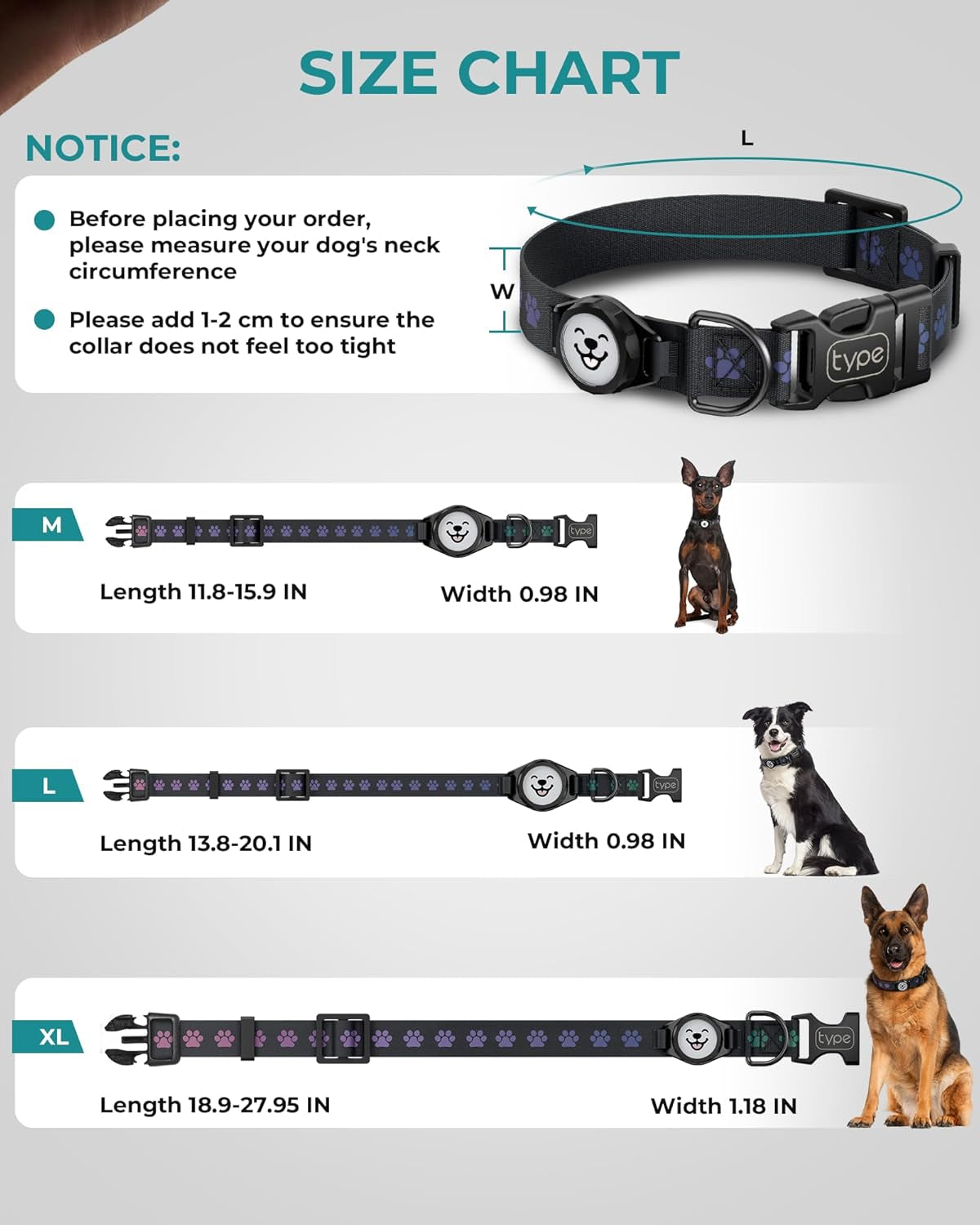 Airtag-Compatible Dog Collar with IP67 Waterproof and Reflective Features for Medium and Large Dogs, Adjustable with Twist-Lock Holder and Night Glow (M, 11.8"-15.9", Black)