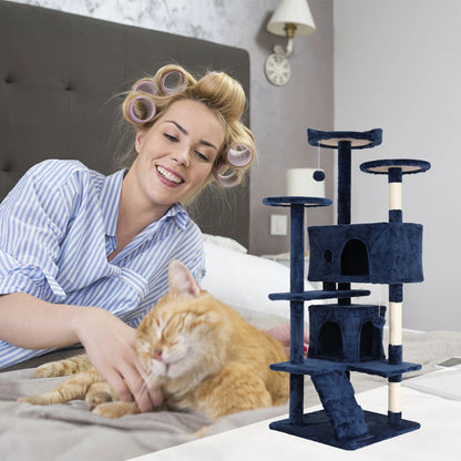 54-Inch Cat Tree Tower for Large Cats with Scratching Post and Play Features, Navy Blue