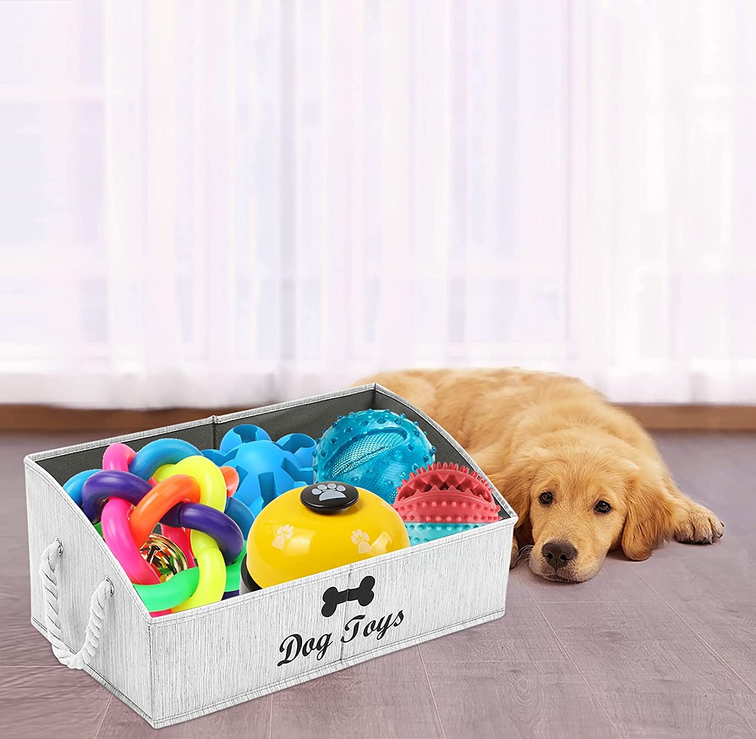 Large Dog Toy Storage Basket with Handles – Grey Canvas Pet Toy Bin Organizer for Living Room, Closet & Playroom, Waterproof Puppy Toy Box
