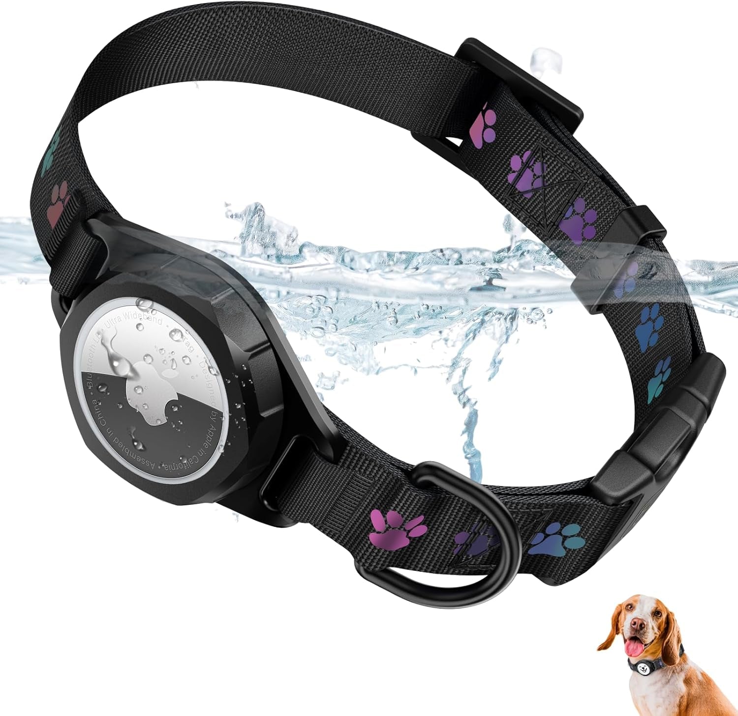 Airtag-Compatible Dog Collar with IP67 Waterproof and Reflective Features for Medium and Large Dogs, Adjustable with Twist-Lock Holder and Night Glow (M, 11.8"-15.9", Black)