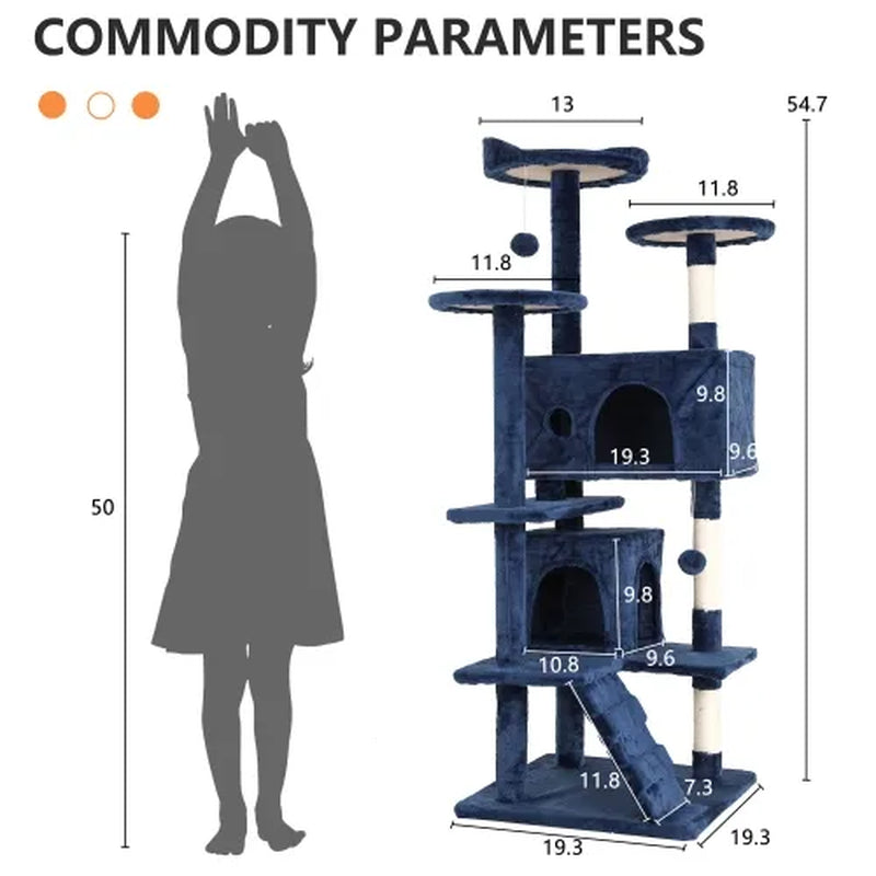 54-Inch Cat Tree Tower for Large Cats with Scratching Post and Play Features, Navy Blue