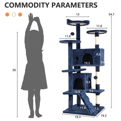54-Inch Cat Tree Tower for Large Cats with Scratching Post and Play Features, Navy Blue