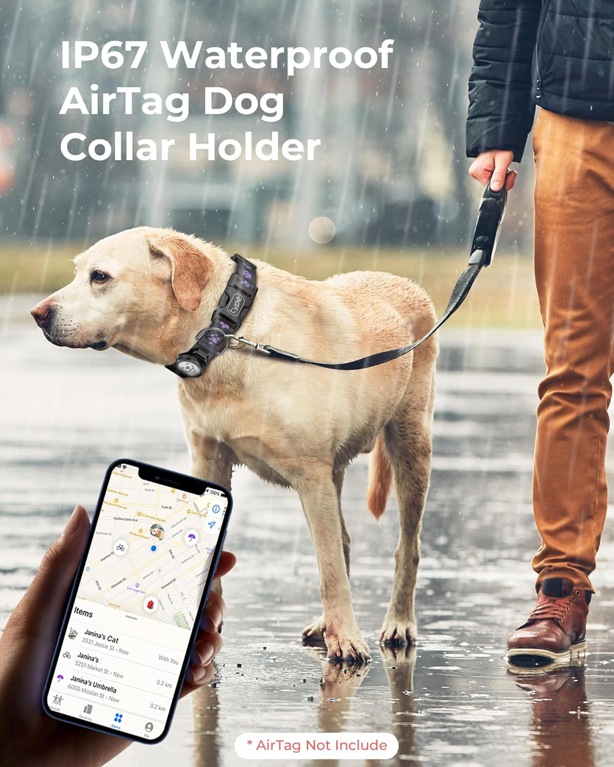 Airtag-Compatible Dog Collar with IP67 Waterproof and Reflective Features for Medium and Large Dogs, Adjustable with Twist-Lock Holder and Night Glow (M, 11.8"-15.9", Black)