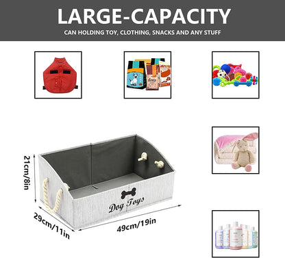 Large Dog Toy Storage Basket with Handles – Grey Canvas Pet Toy Bin Organizer for Living Room, Closet & Playroom, Waterproof Puppy Toy Box