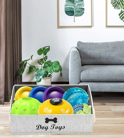 Large Dog Toy Storage Basket with Handles – Grey Canvas Pet Toy Bin Organizer for Living Room, Closet & Playroom, Waterproof Puppy Toy Box