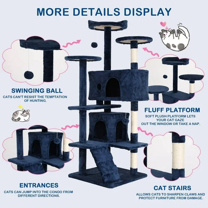 54-Inch Cat Tree Tower for Large Cats with Scratching Post and Play Features, Navy Blue