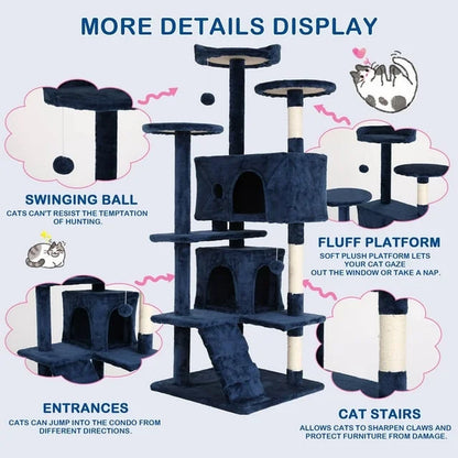 54-Inch Cat Tree Tower for Large Cats with Scratching Post and Play Features, Navy Blue